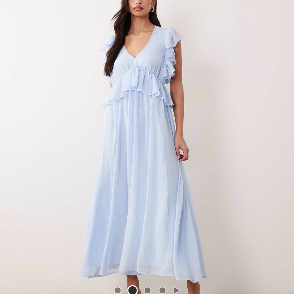 YAS V-Neck Ruffle Maxi Dress in Light Blue